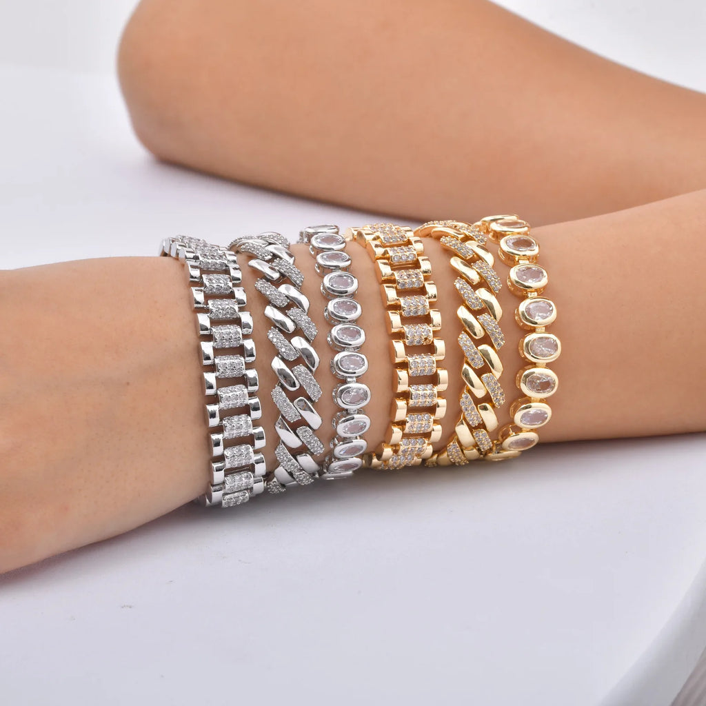 Paperclip Chain Bracelet 14K Gold Plated Cubic Zirconia Watch Strap Chunky Link Adjustable Stackable Jewelry For Women Girl Gift