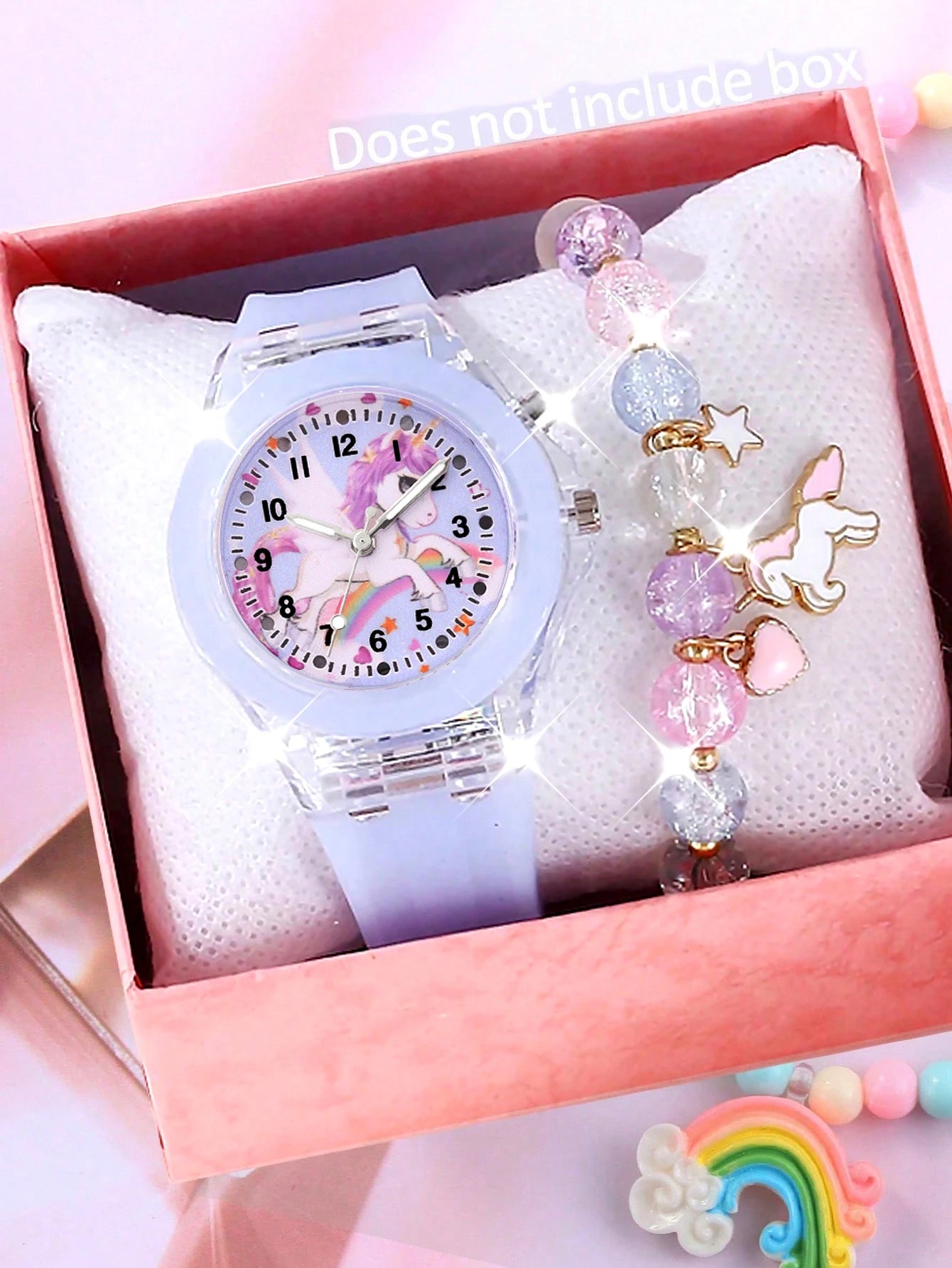Fashionable Silicone Glow Watch And Beaded Bracelet Set with Unicorn Design for Daily And Birthday Gifts (No Box Included)