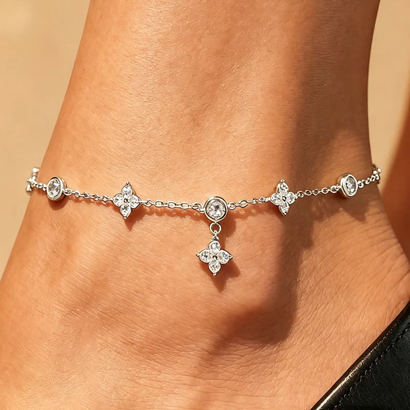 925 Sterling Silver Clover Design Ankle Bracelet for Women Dainty CZ Charm Chain Anklet Adjustable Lucky Flower Foot Jewelry