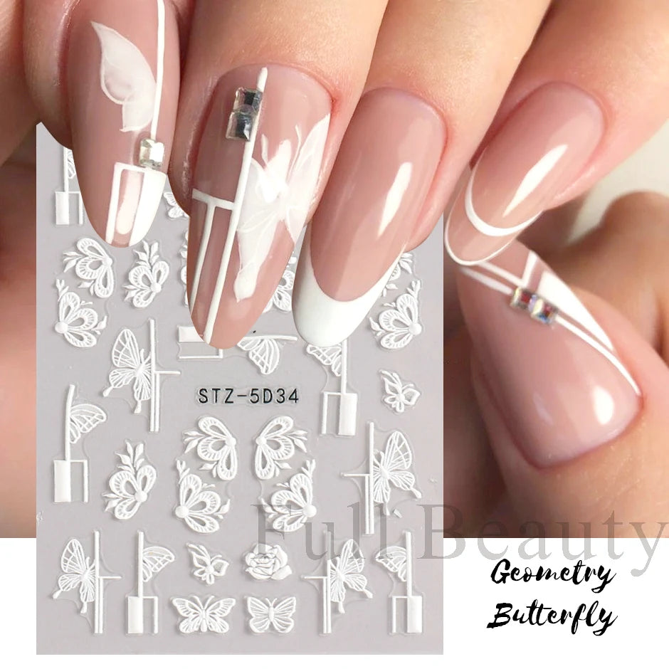5D Simple Flowers Nail Embossed Stickers Elegant Wedding Design Adhesive Sliders Floral Textured Engraved Decoration Supplies