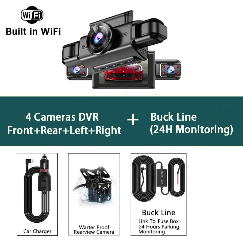 FHD 1080P 4 Channel Full HD Car DVR Wifi Dash Cam 4 Cameras Dashcam Video Recorder Night Vision Black Box Cabin 24H Parking