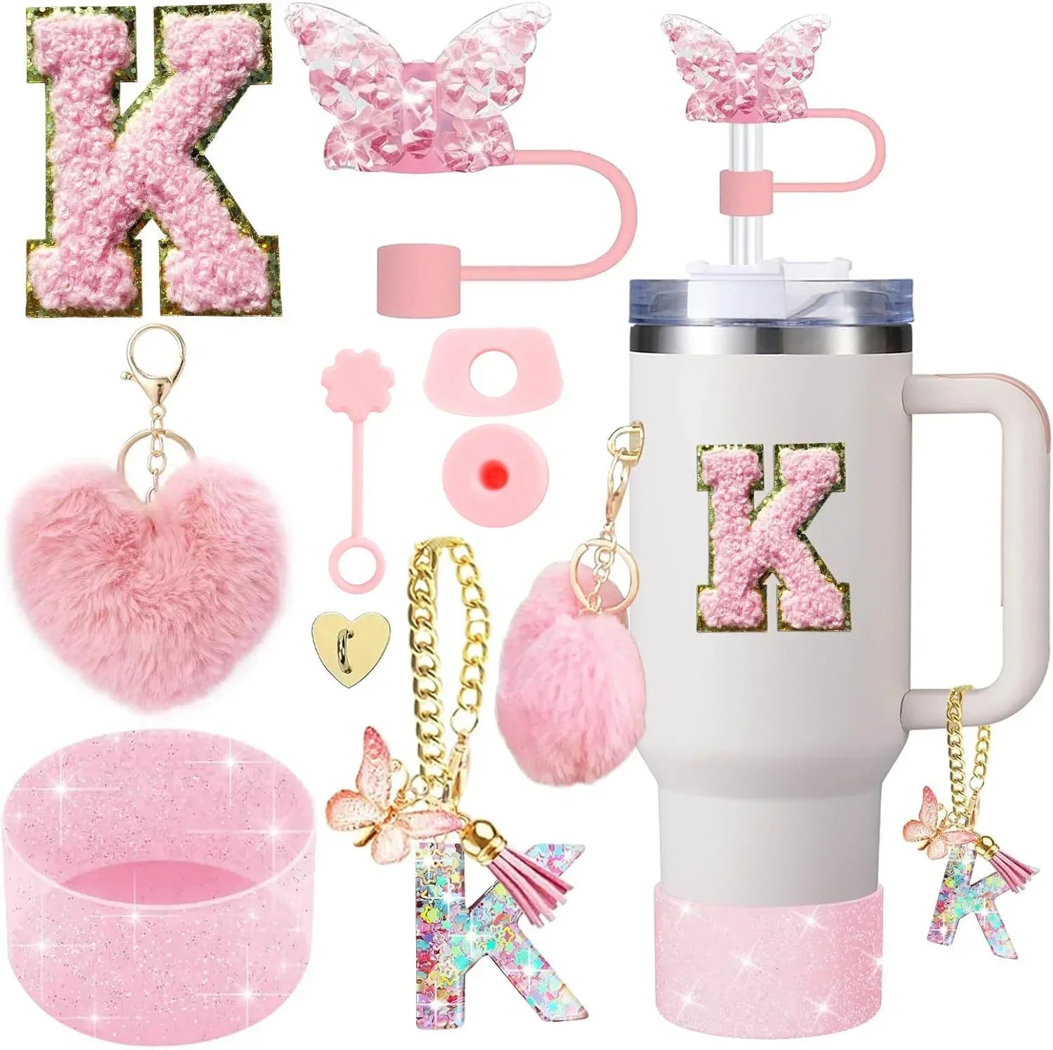 9PCS Accessory Set for Stanley Cup 30oz 40oz Butterfly Straw Cover Cap Silicone Boot Charm Initials Sticker Spill Proof Stopper