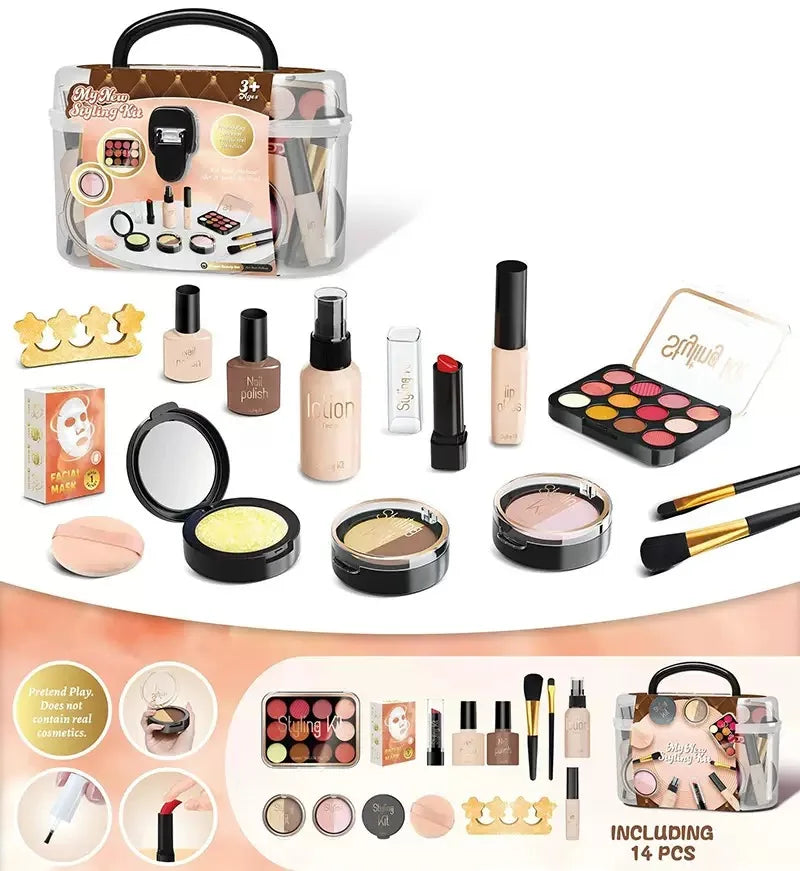Girl’s pretend home make-up set: faux manicure, lip color, eye shadow, non-washable princess-themed cosmetics and toys.