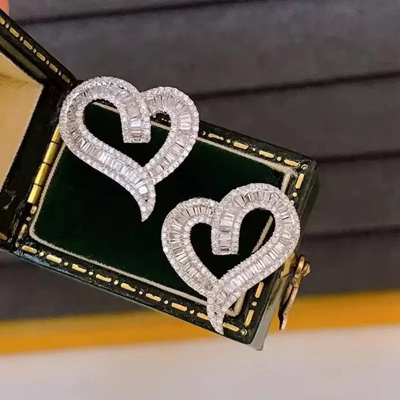 Huitan Romantic Heart Women Earrings Hollow Out Design Inlaid Shiny CZ for Wedding Engagement Anniversary Accessories Jewelry
