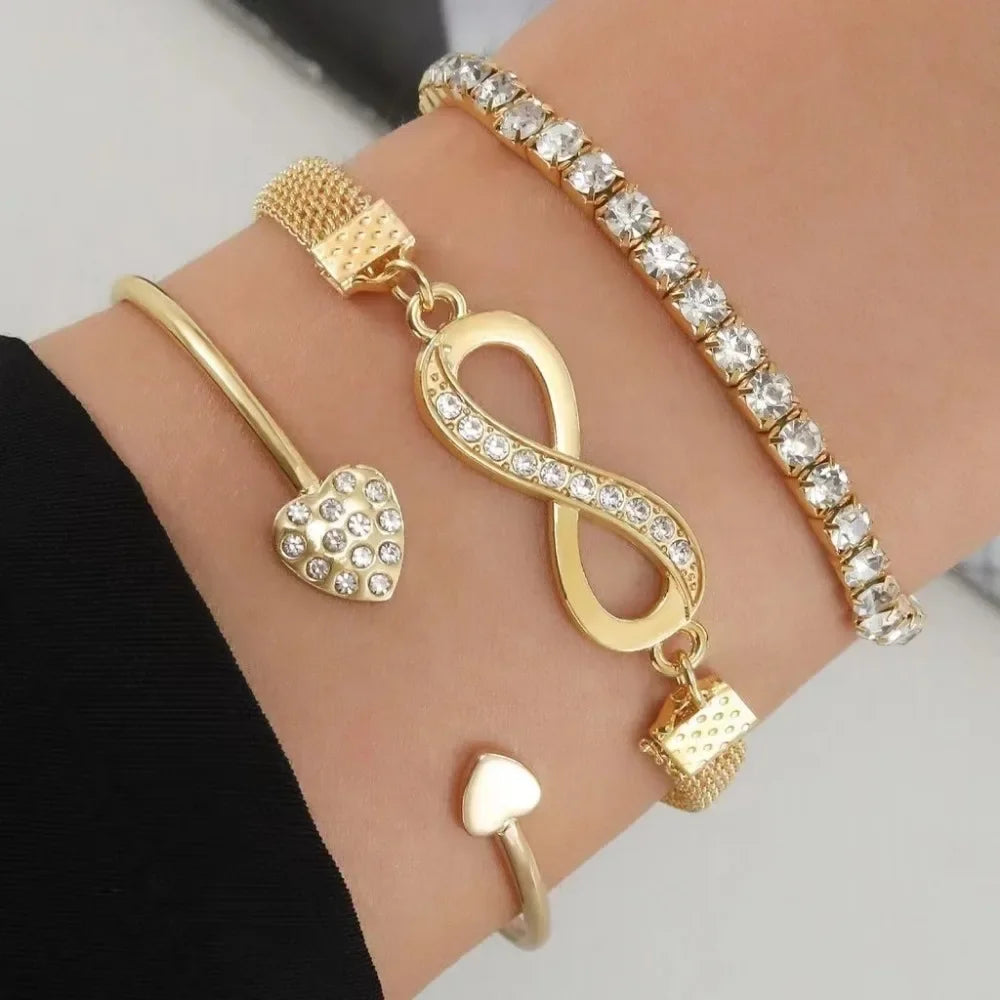 1/3pcs Crystal Rhinestone Heart Bracelets for Women Fashion Geometric Adjustable Infinity Cuff Bangle Jewelry