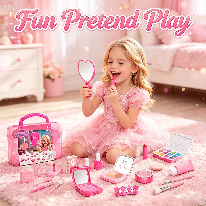 Girl’s pretend home make-up set: faux manicure, lip color, eye shadow, non-washable princess-themed cosmetics and toys.