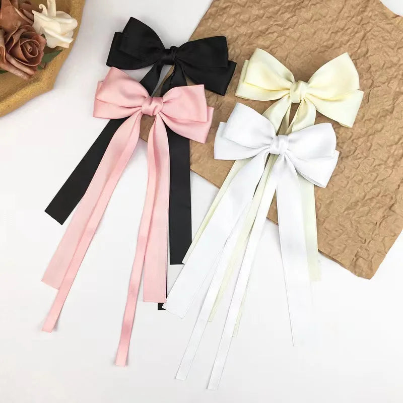 Solid Double Bowknots Hair Clips Women Long Ribbon Bow