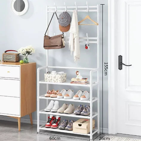Multi-Tier Metal Rack with 8 Hooks for Shoes, Coats, Hats, and Accessories