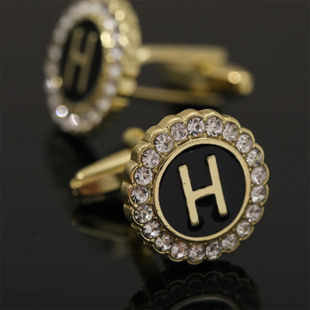 26 Initial Capital Letter A-Z Mens Cufflinks Galaxy Golden Color Gear Shape Crystal Cuff Links Formal Shirt Suit Jewelry Gift