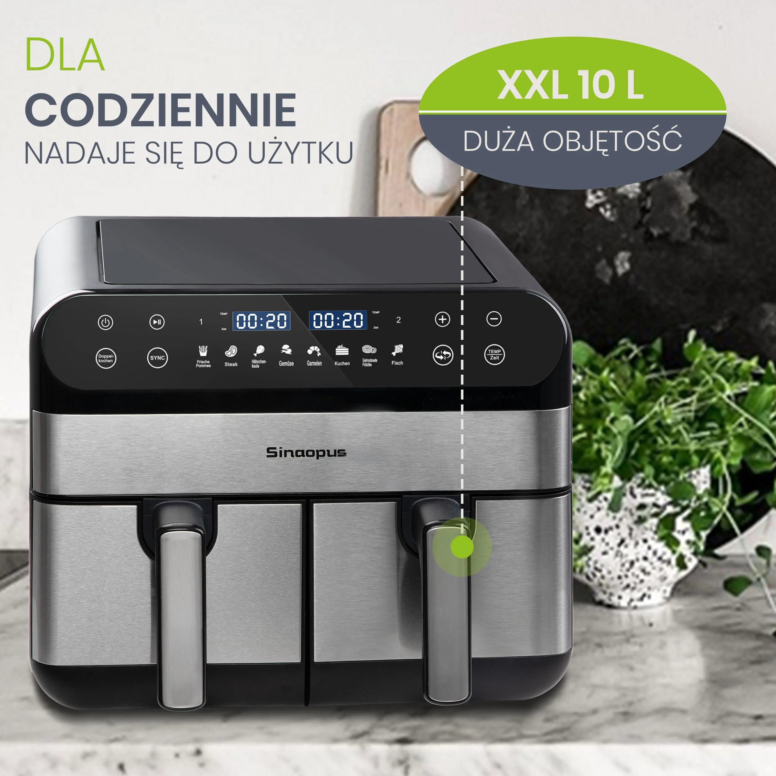 Sinaopus Air Fryer 2400W 10L XXL Dual Basket-LED Touch Screen Oil-Free Fryer, 8 Programs, Temperature Control, Oil-Free Air Oven