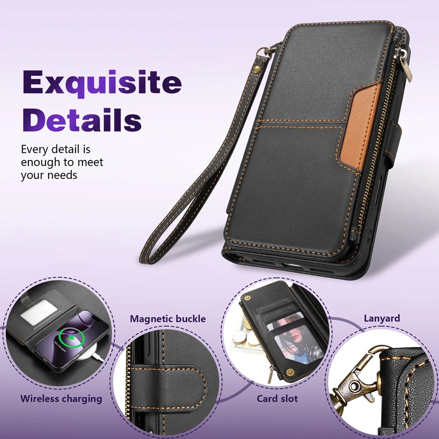 Wallet Multi-card Slot Zipper Kickstand Magnetic Flip Leather Case For iPhone 17 Pro Max 17e Air 16e 15 Plus 14 13 12 11 XR 8 7