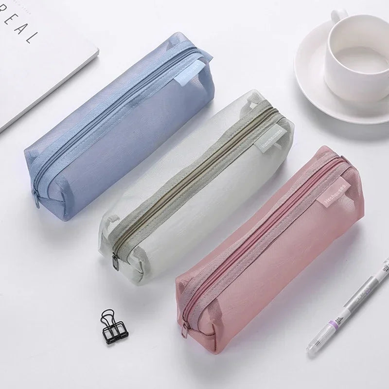 Mesh Pencil Case Transparent Pens Pouch Cute Simple