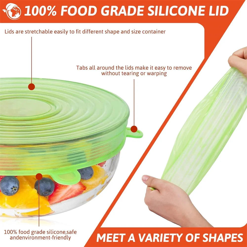 6Pcs Food Grade Silicone Preservation Cover Reusable Airtight Food