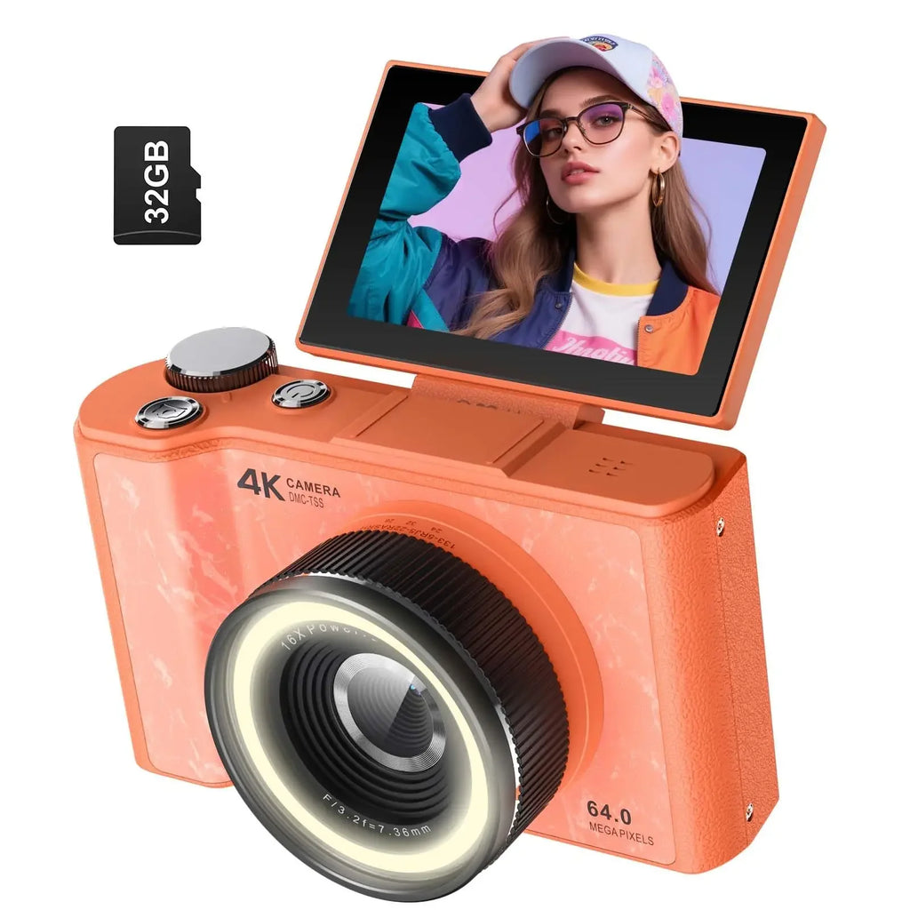 4K Vlogging Camera, 180° Flip Screen, Ring Light & Beauty Mode, Digital Camera for Beginners, 32G SD Card Included, Xmas Gift