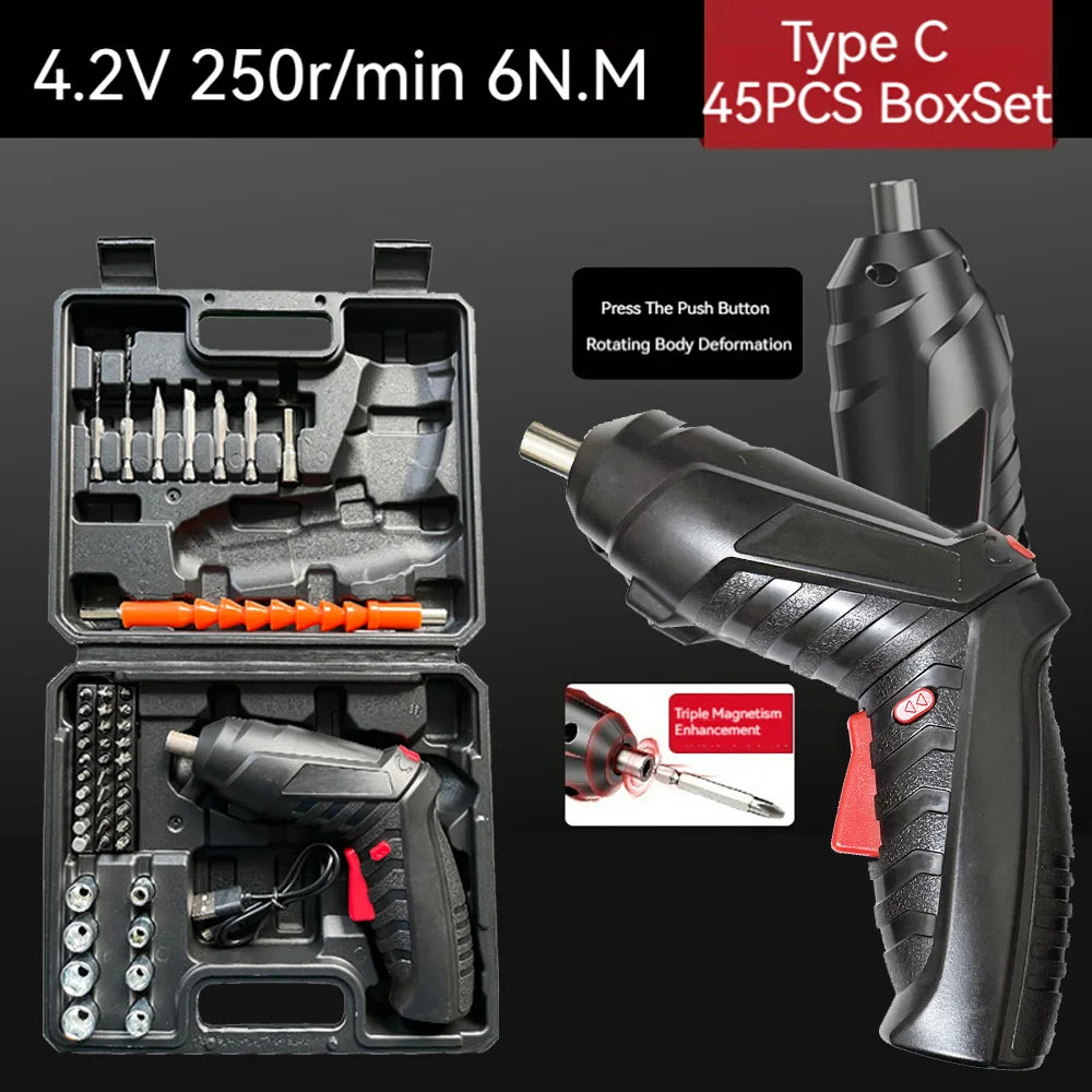 4.2V 6Nm 1300mAh 250rpm Electric Screwdriver Set Cordless Screwdriver Rechargeable Drill Kit Household Mini Drills Screwdrivers