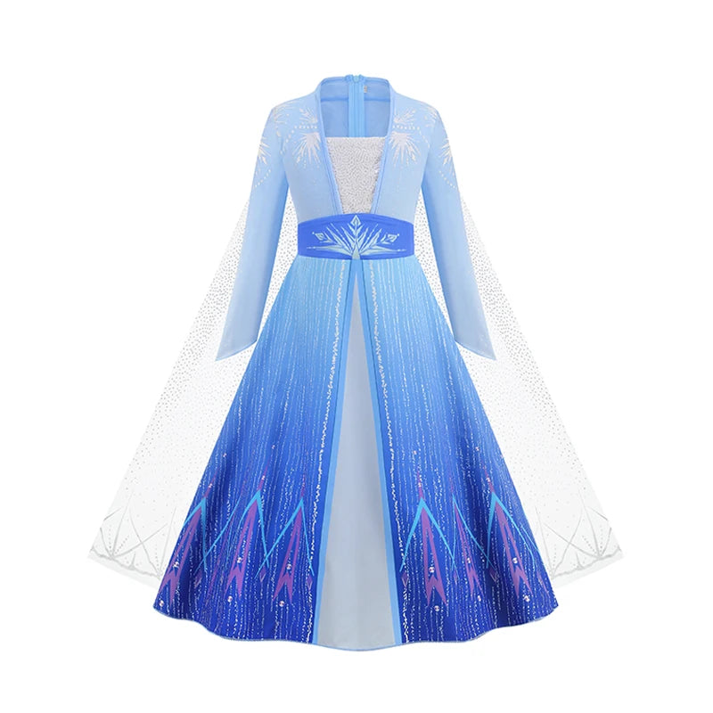 Elsa Princess Dress for Girls Blue Long Sleeve Cloak Carnival