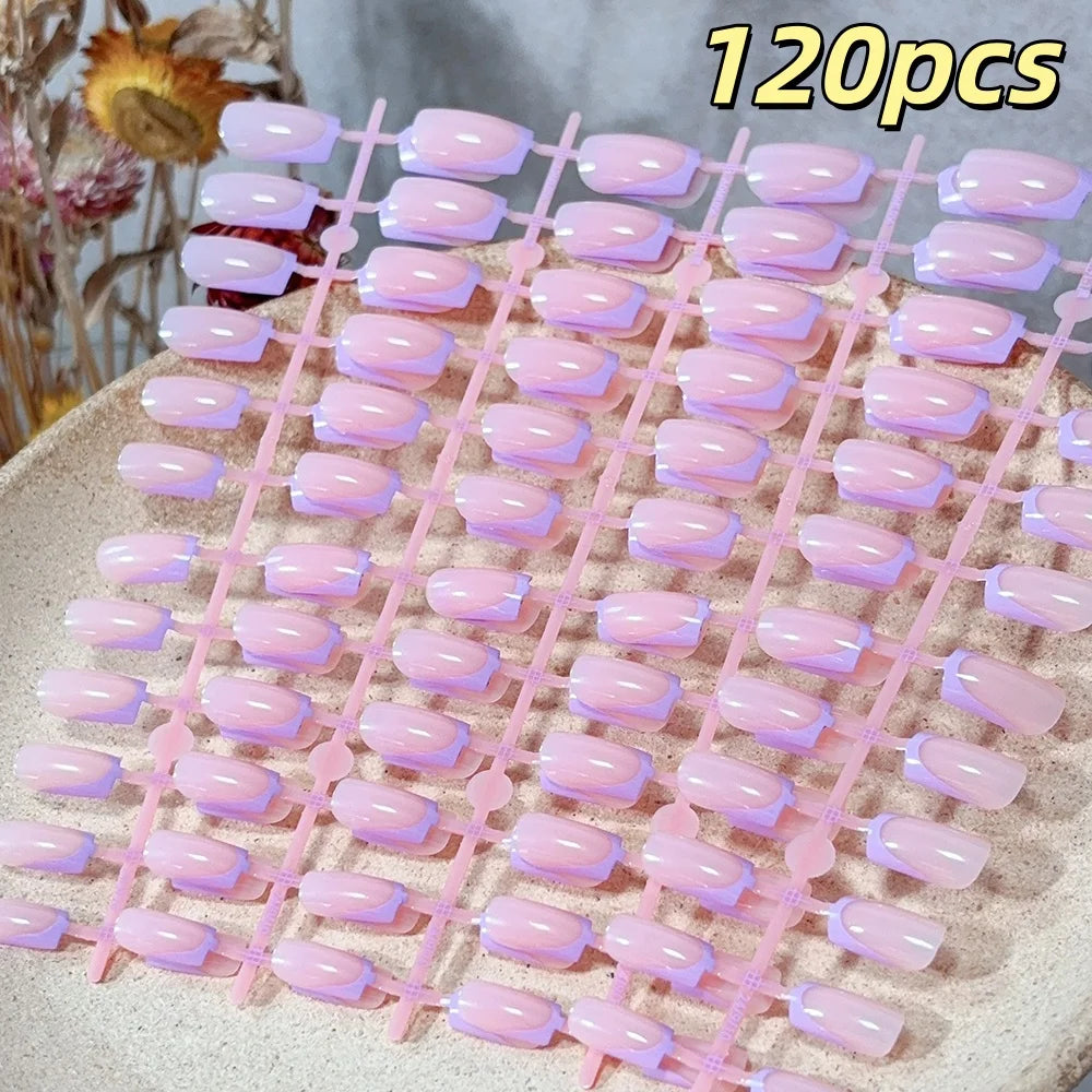 120pcs French Glossy Color Block Acrylic False Nails Spring & Summer Nude Tones Press-On Nails Full Cover Square Shape Nail Tips