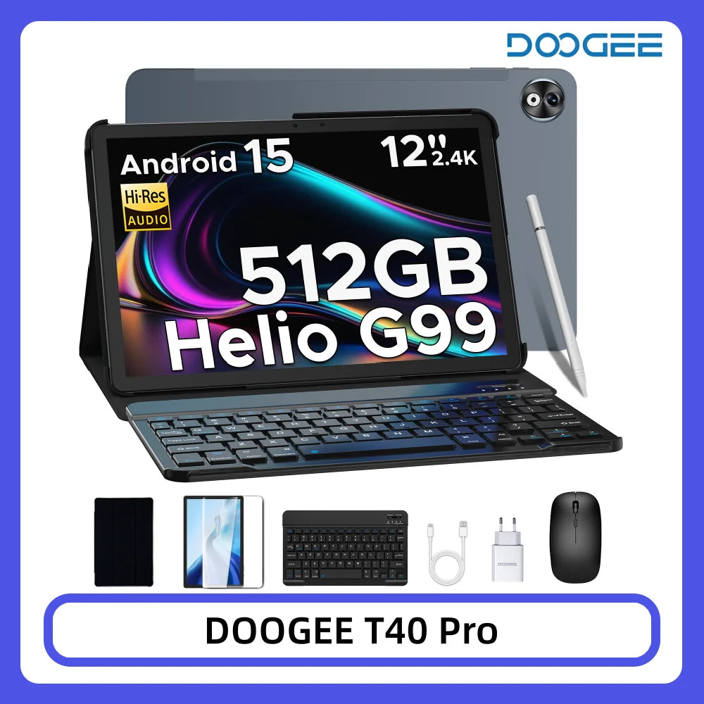 DOOGEE T40 Pro Tablet 20GB 512GB 12" 2.4K Display Helio G99 10800mAh Battery Quad Speaker 7.6mm Ultra-thin Android 15 Smart Pad