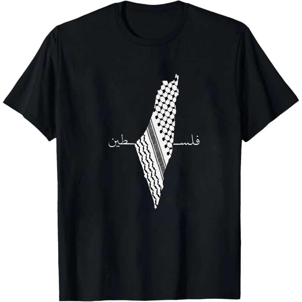 Palestine Keffiyeh Map Arabic Calligraphy Print Cotton T Shirt Men Heritage Patriotic Casual Graphic Tees Summer Men Clothing