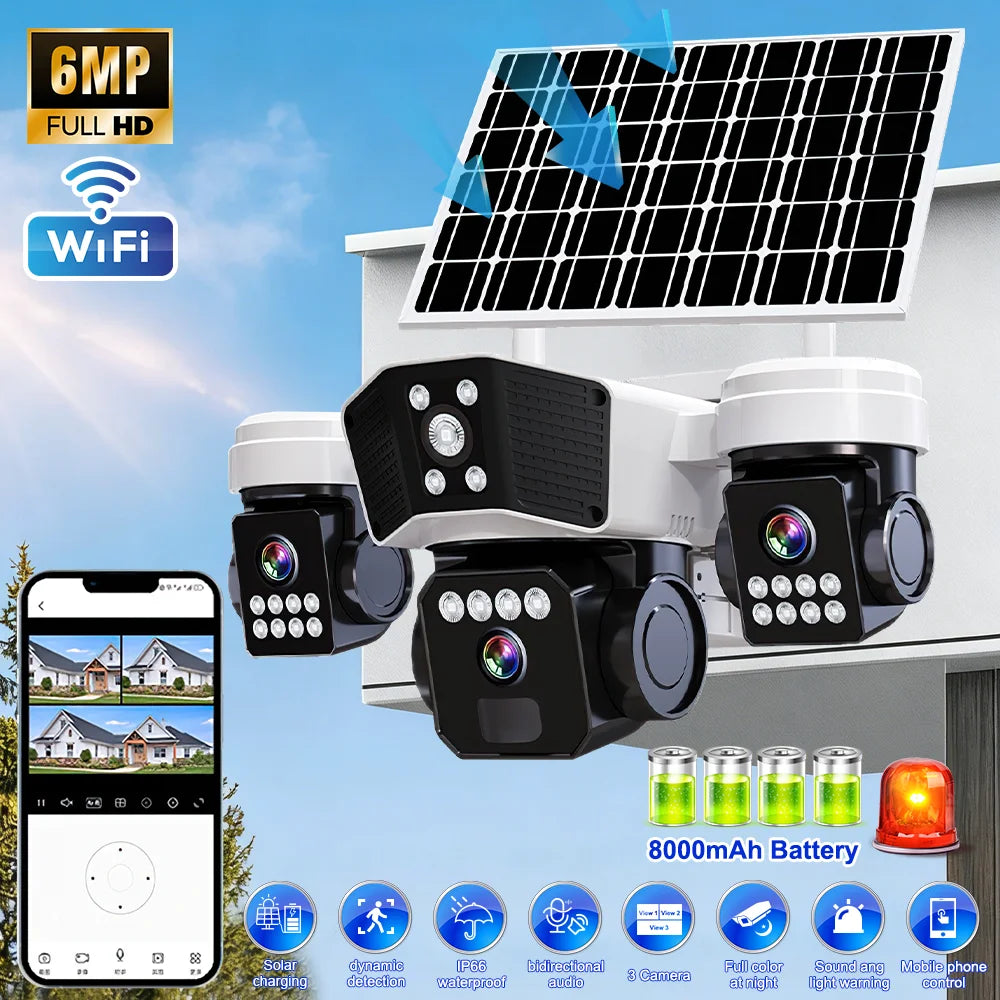 6MP Three Lens Solar Security Camera Wireless WiFi Outdoor
