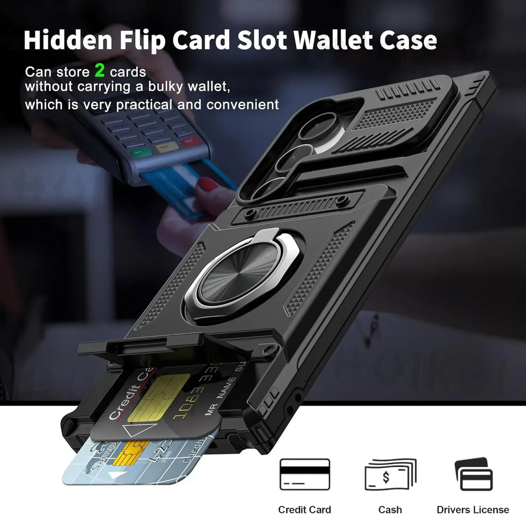 Case For Samsung Galaxy S26 Ultra S25 Plus S24 A56 A36 A55 Card Holder Rotated Ring Kickstand Layer Heavy Shockproof Wallet Case