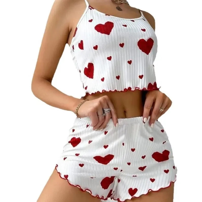 New Women's Pajama Set Knitted Love Printed Sweet Strap Shorts S M L