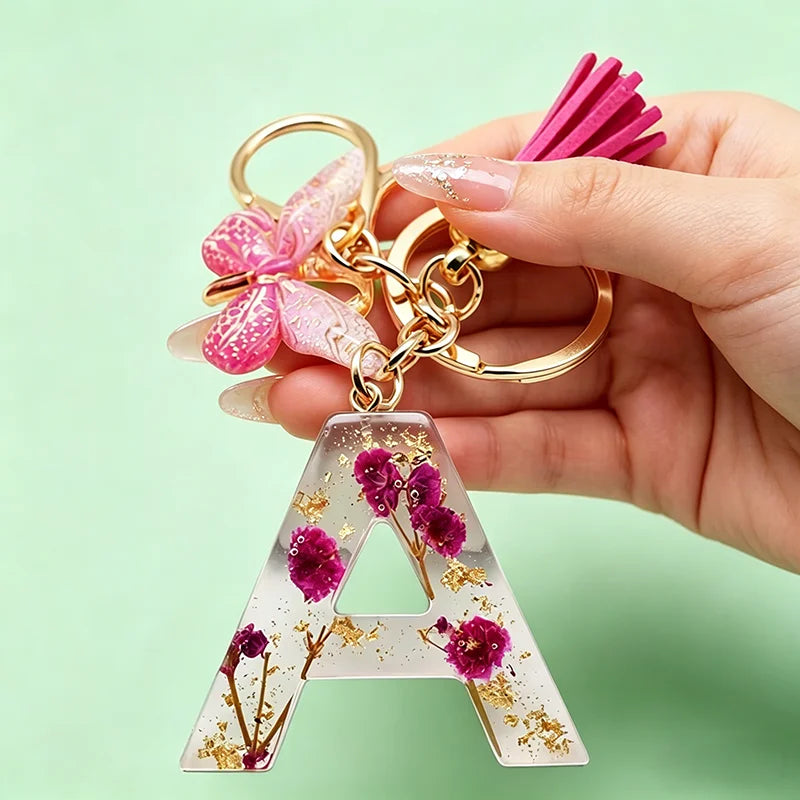 1PC Fashion Easter Alphabet Keychain - Dried Flower Resin Charm, A-Z Initial Pendant Butterfly Tassel, Non-Woven ABS Gift