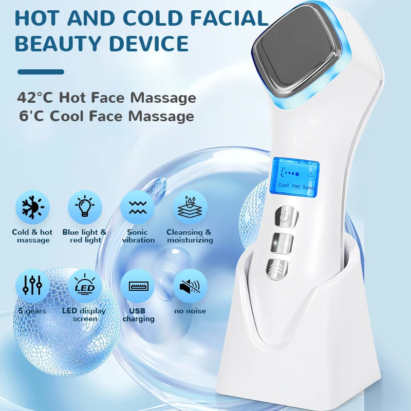 Hot & Cold Face Beauty Device with Red Blue Light Sonic Vibration Deep Cleansing