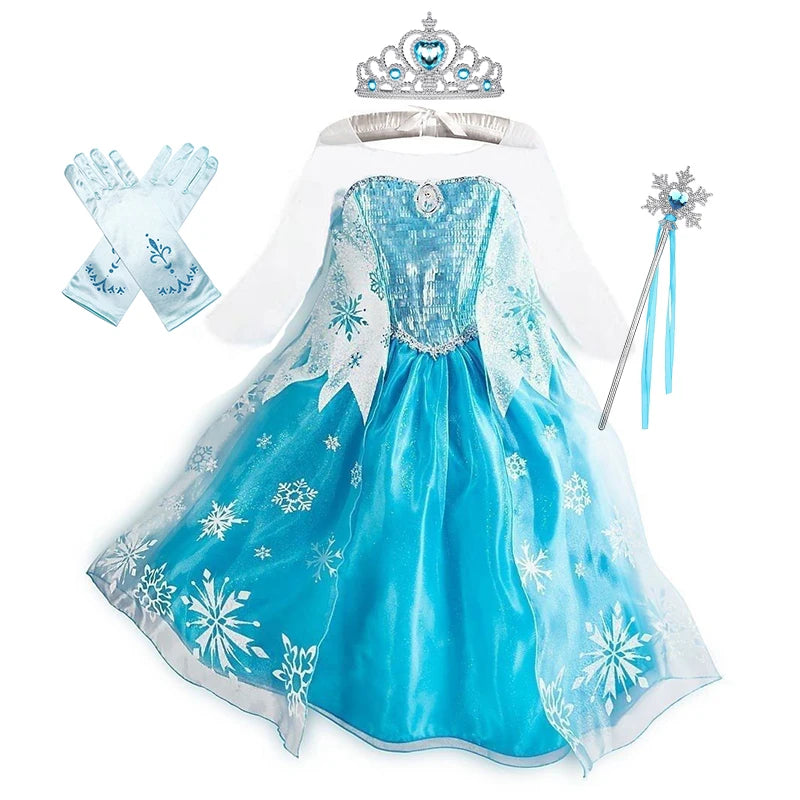 Girls Ice Snow Princess Cosplay Dress with Long Cloak