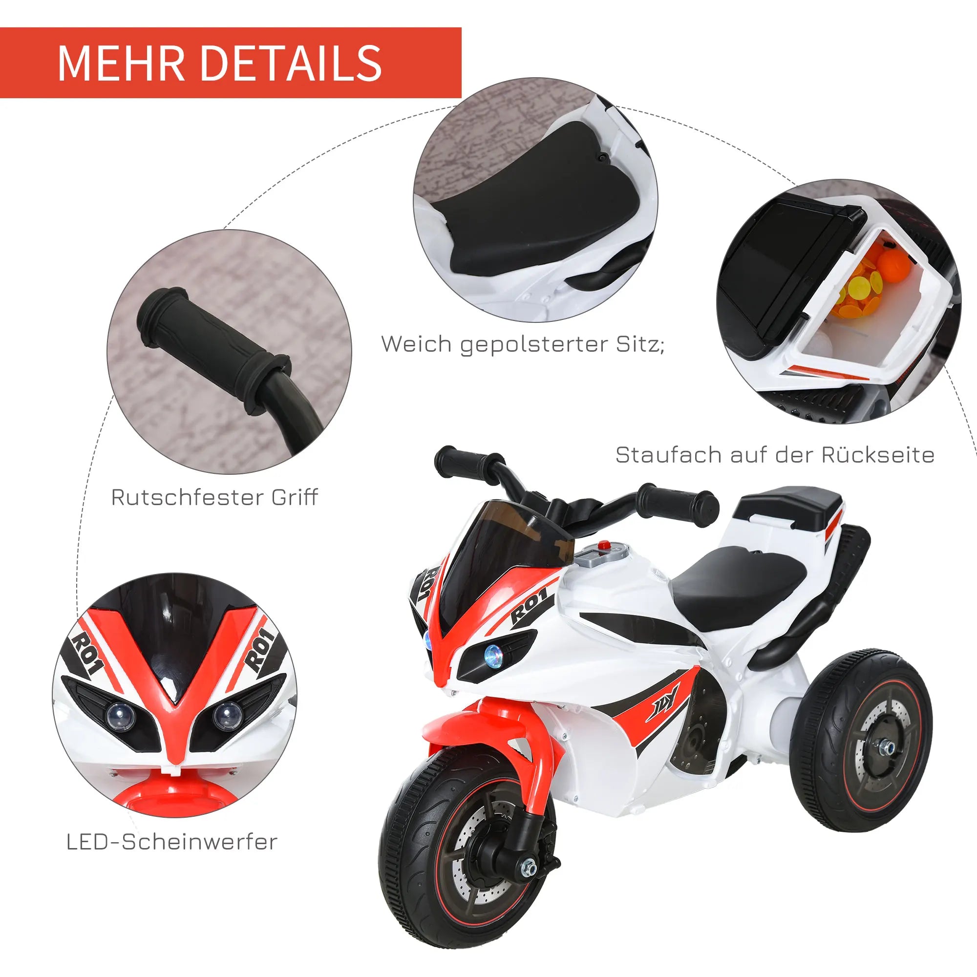 HOMCOM impeller, slide, motorcycle, 18-36 months, music/light, up to 20kg, white/red