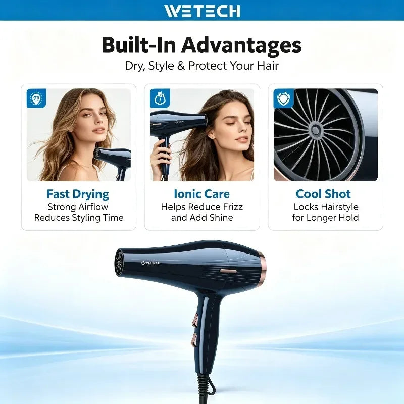 WETECH 2000W Professional Hair Dryer Negative Ion Blow Dryer Cool Shot Function With Concentrator Nozzle Diffuser