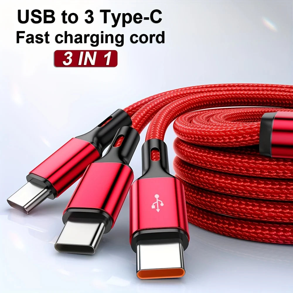 100W 3 in 1 Fast Charging Data Cable USB to 3 Type C Quick Charge