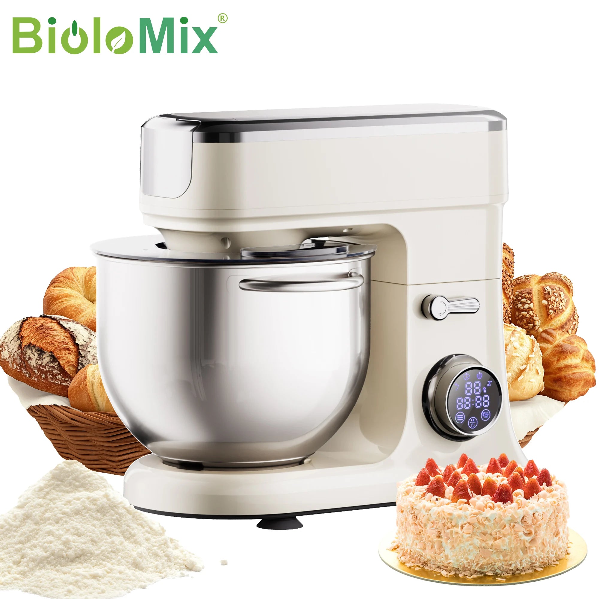 BioloMix 1200W Stand Mixer, 7L Food Mixers for Baking, with Dough Hook, Whisk & Beater, Meat Grinder Attachment
