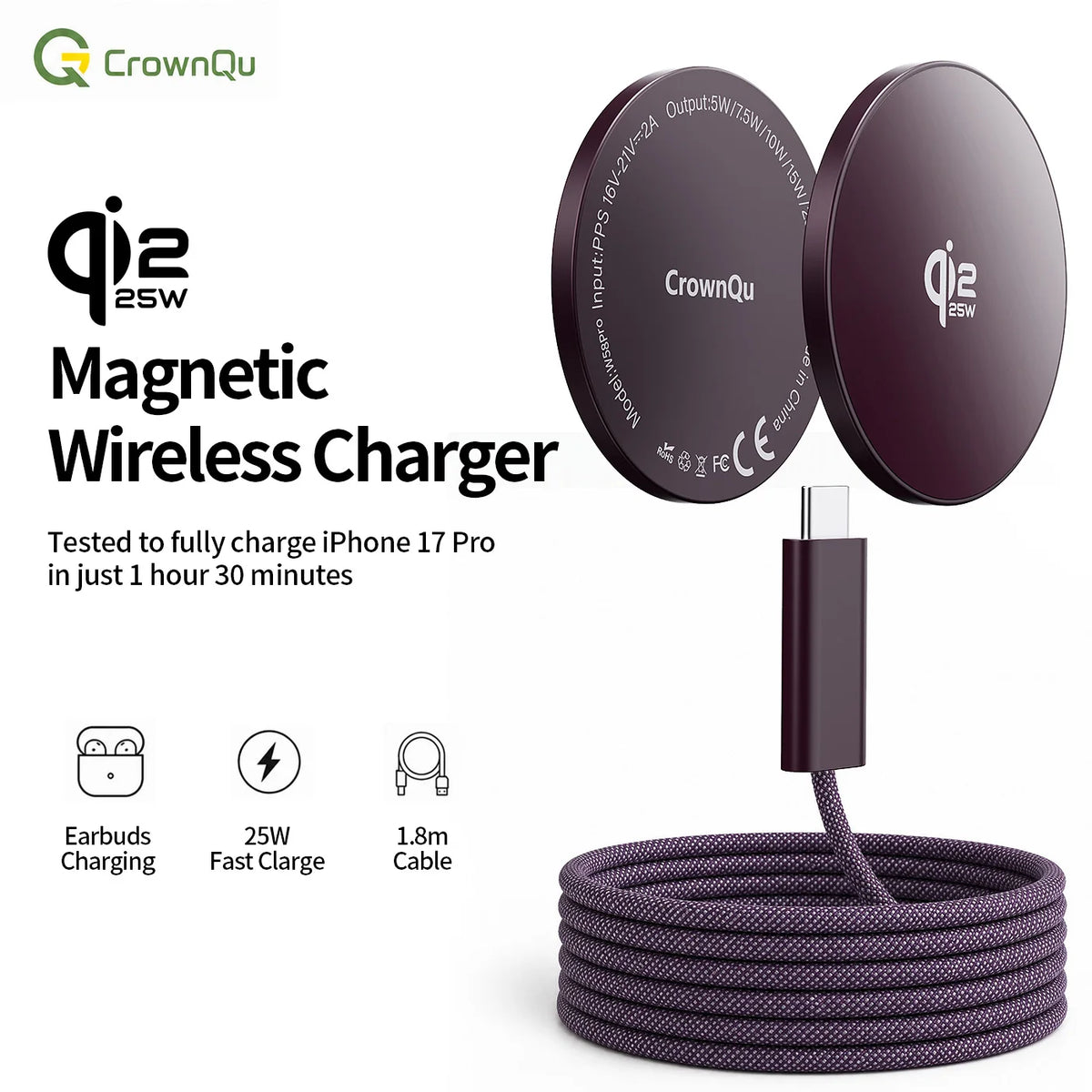 Qi2.2 Magnetic Wireless Charger Stand Foldable 25W Fast Charging with 47.2