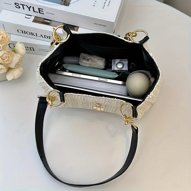 Grass Woven Patchwork Leather Korean Version Shoulder Bag Fashionable Women's Woven Handbag Suitable for Beach Parties Occasion