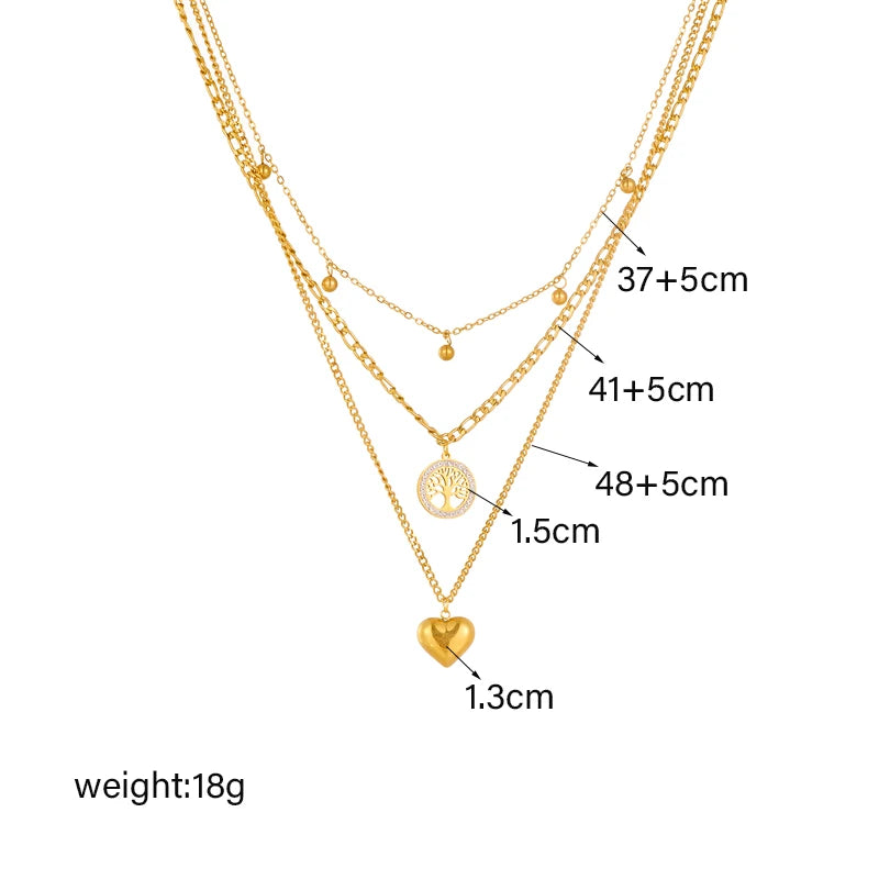 DIEYURO 316L Stainless Steel Gold Color Heart Tree Beads Pendant Necklace For Women Fashion 3in1 Chains Waterproof Girl Jewelry