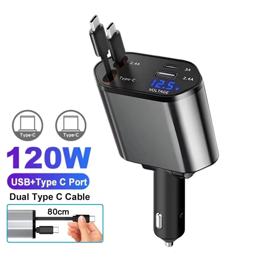 5 In 1 Car Charger 66W Max with Retractable Cable PD30W+2.4A