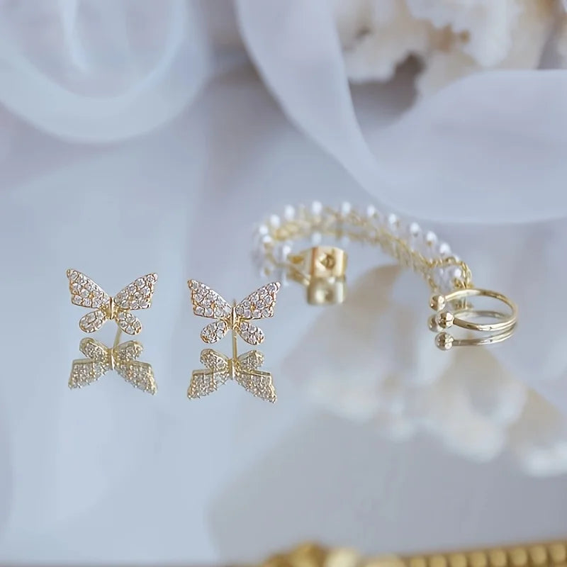 Aesthetic Gold Color Zircon Butterfly Chain Earrings Dainty Double Layer Pearl