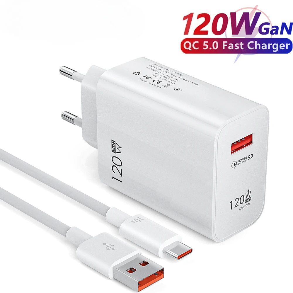 120W USB Fast Charging Charger Type C Cable Quick Charge Phone Adapter for Xiaomi 14 Redmi Oneplus Huawei Samsung Wall Charger