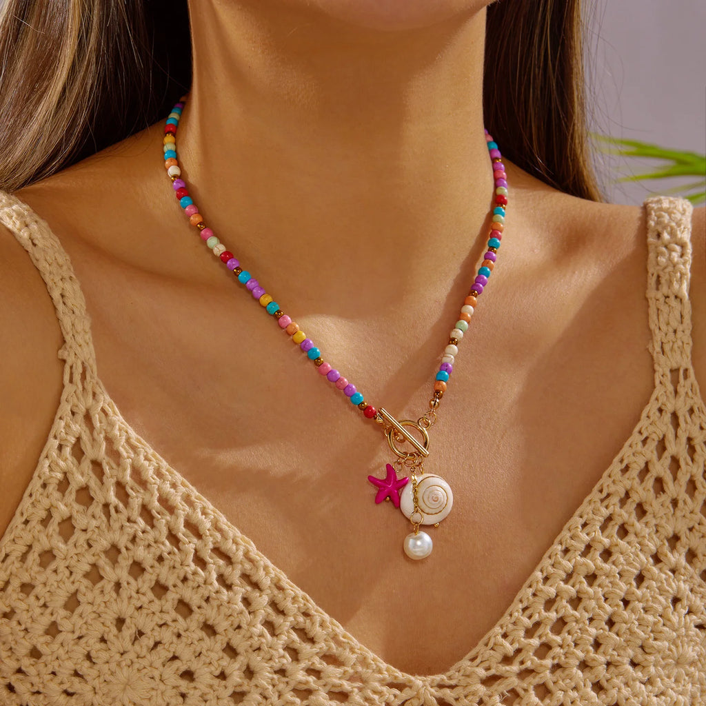 Bohemian Starfish Conch Pendant Necklace with OT Buckle Colorful Rice Beads Ceramic Fish Choker Necklace Beach Vacation Jewelry
