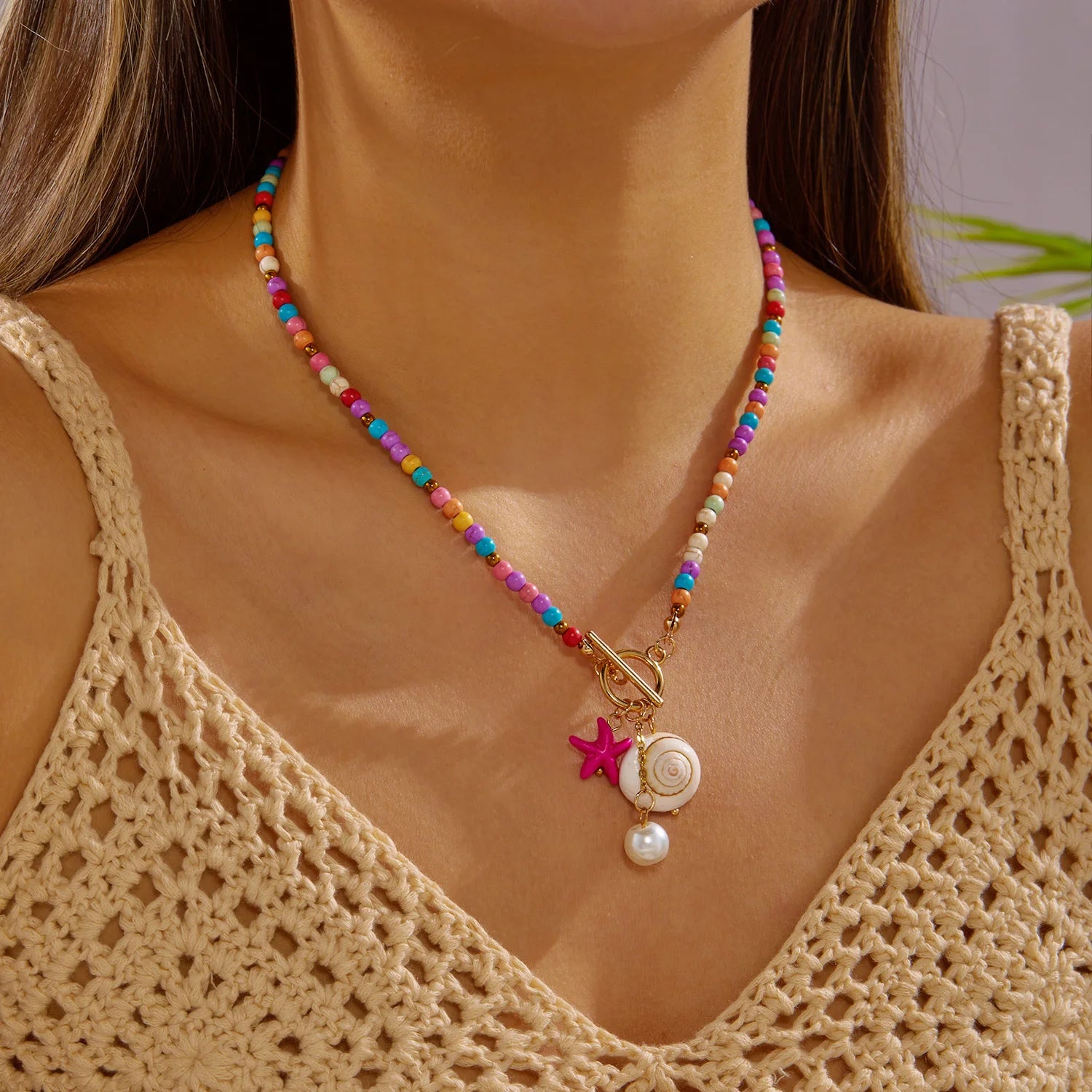 Bohemian Starfish Conch Pendant Necklace with OT Buckle Colorful Rice Beads Ceramic Fish Choker Necklace Beach Vacation Jewelry