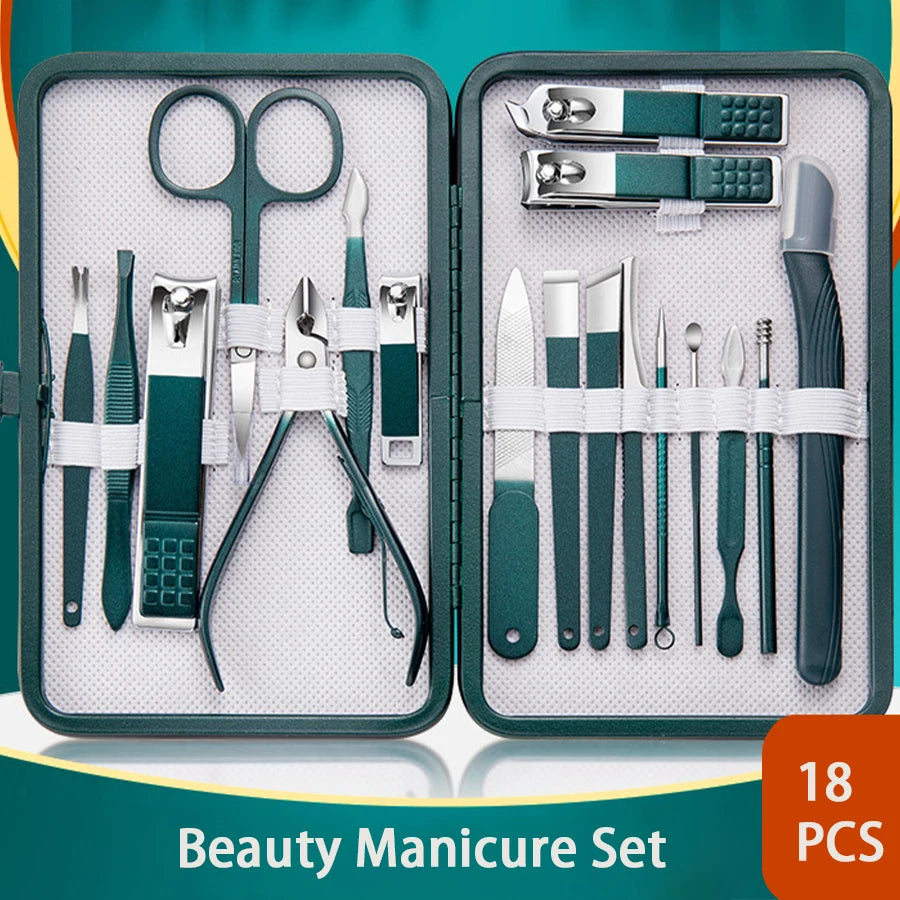 GreenStainlessSteel Nail Clippers Set-6-18 Nail Care Sets with Leather Storage Box-Professional Foot and Face Care Tool Set