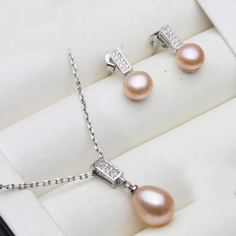 Real Natural Freshwater Pearl Necklace and Earrings Set Woman