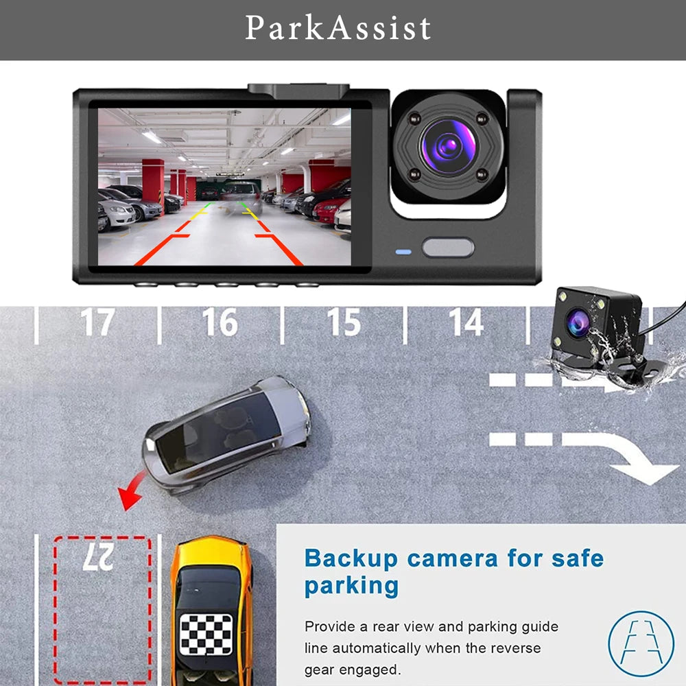 3 Channel Dash Cam HD 1080P 3-Lens Inside Vehicle  Car DVR Three Way Camera DVRs Recorder