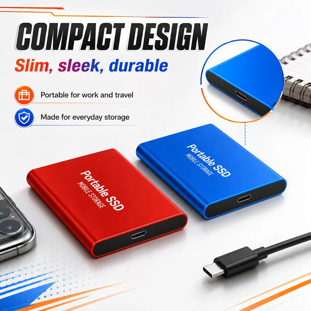 1TB Portable SSD 2TB External Hard Drive USB 3.1 High Speed Mobile Data Storage