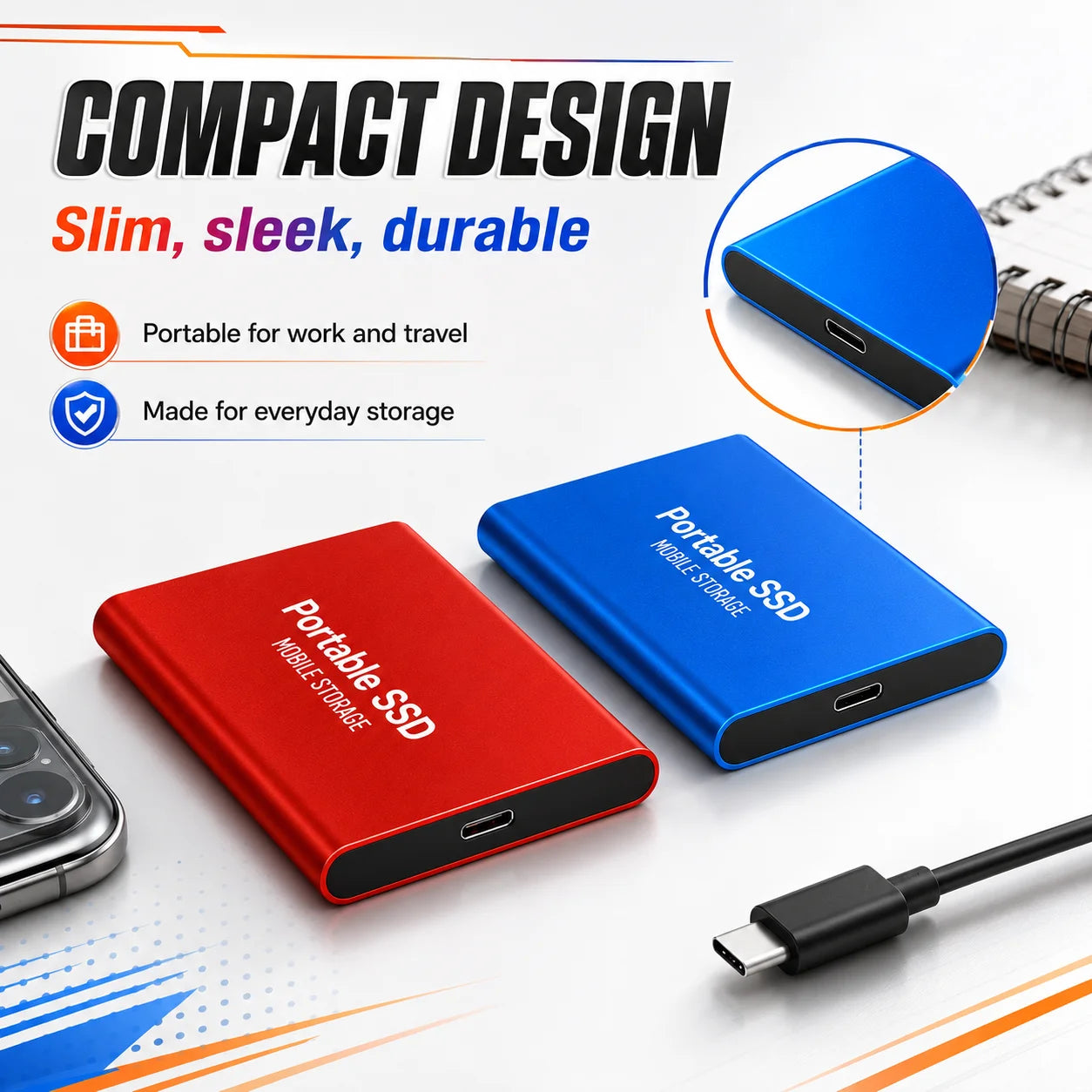 1TB Portable SSD 2TB External Hard Drive USB 3.1 High Speed Mobile Data Storage