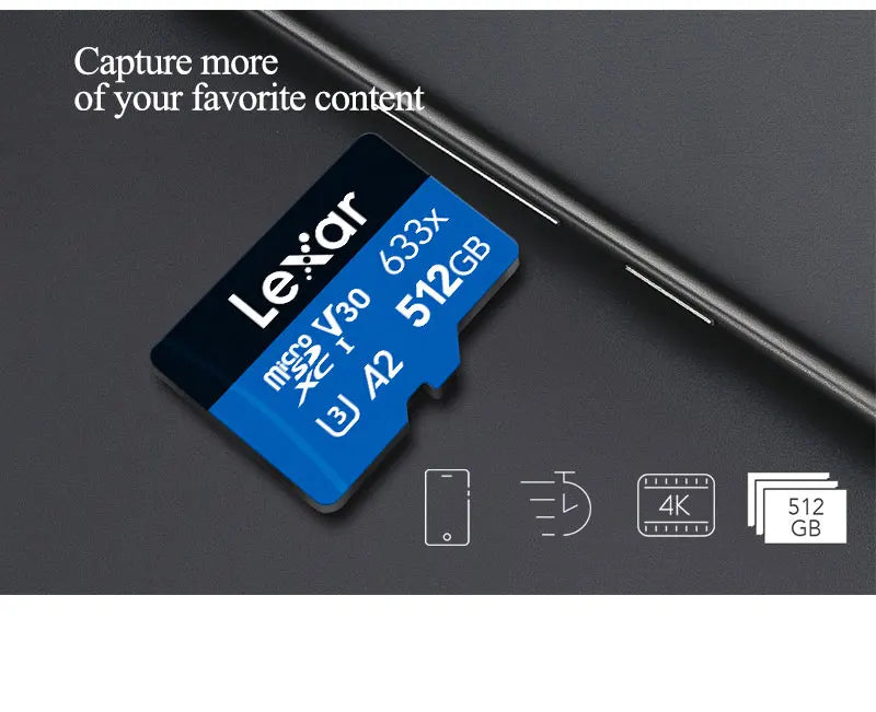 Lexar 633x Micro SD Card 128GB 256GB 64GB SDXC V30 U3 Class 10 A1 with 100MB/s Read Speed for Smartphone Tablet Action Camera