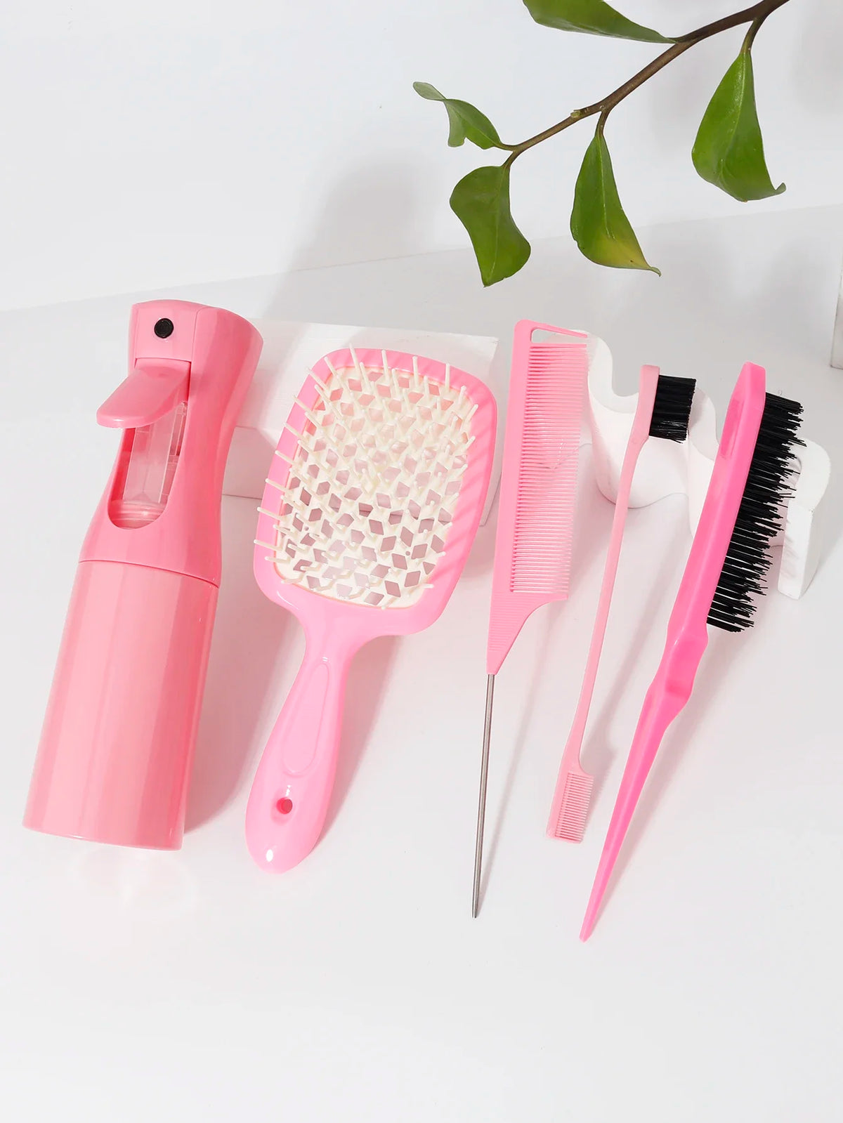 5pcs Hair Tool Set Air Cushion Hollow Comb Scalp Massage Rat Tail Comb Teasing Comb Edge Control Brush Hair Spray Bottle Salon