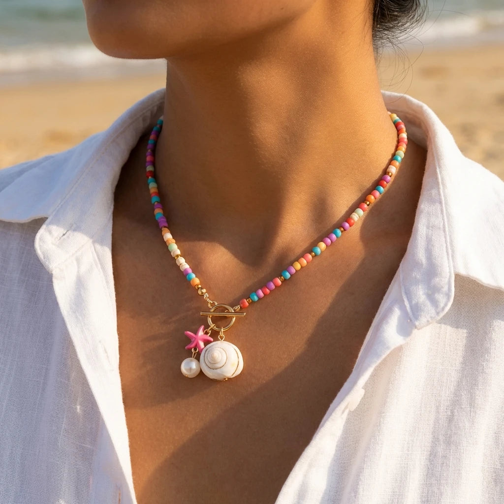 Bohemian Starfish Conch Pendant Necklace with OT Buckle Colorful Rice Beads Ceramic Fish Choker Necklace Beach Vacation Jewelry