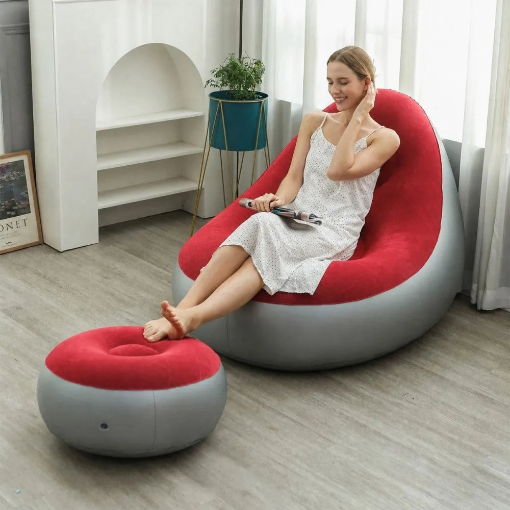 Inflatable Lazy Sofa + Footrest Set, Thickened Flocked Foldable Recliner, Portable Indoor/Outdoor Camping Lounge Chair for Home